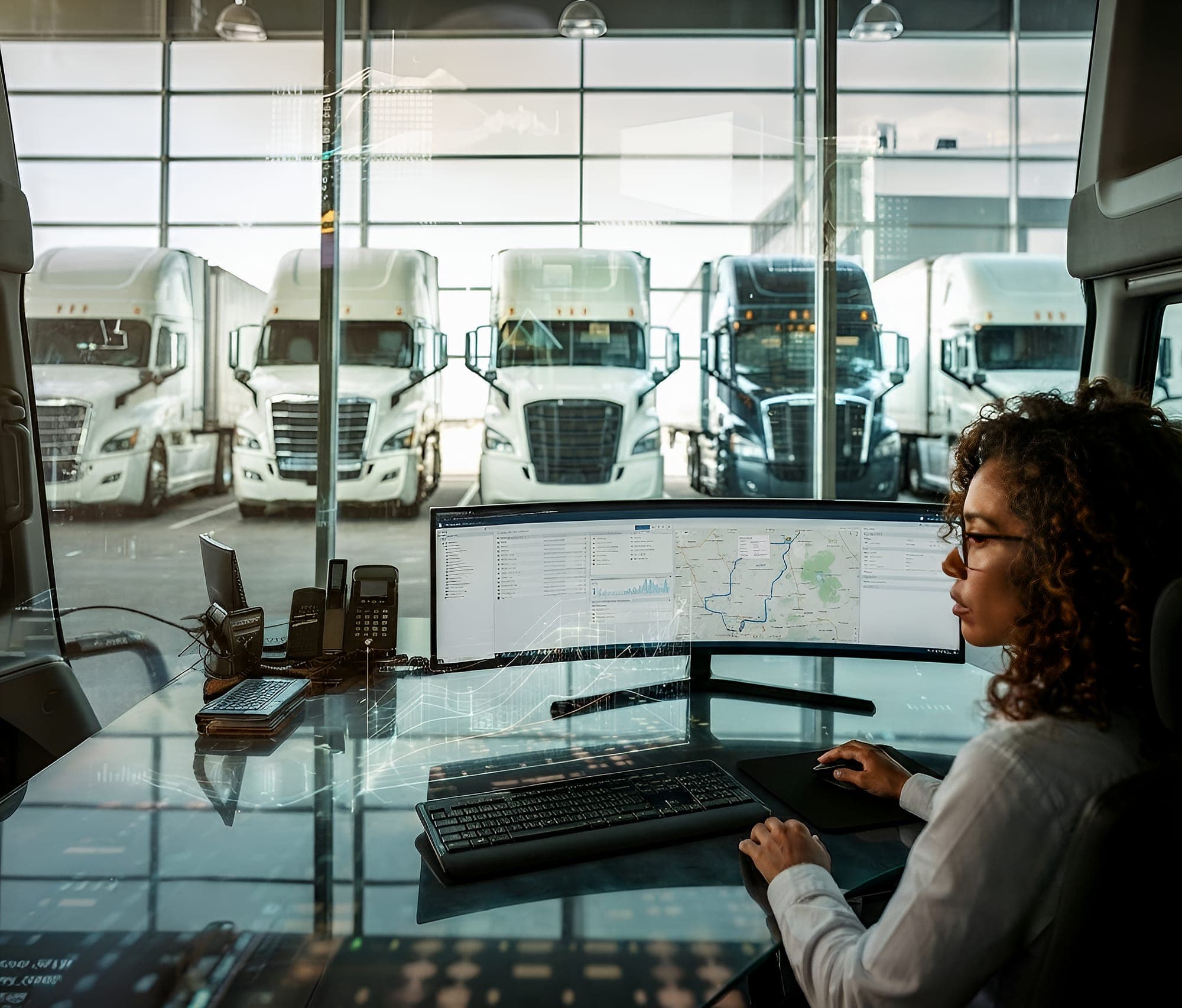 Diverse fleet being tracked — logistics trucks, mining haul trucks, delivery vans, farm machinery and cargo rail with live tracking signals