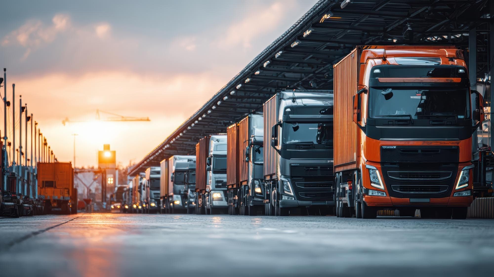 White truck crossing a bridge at sunset